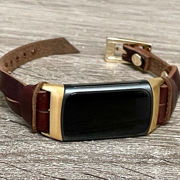 Dark Brown Slim Leather Strap Gold Fitbit Charge 5 Band Women Delicate Bracelet - Picture 8 of 8